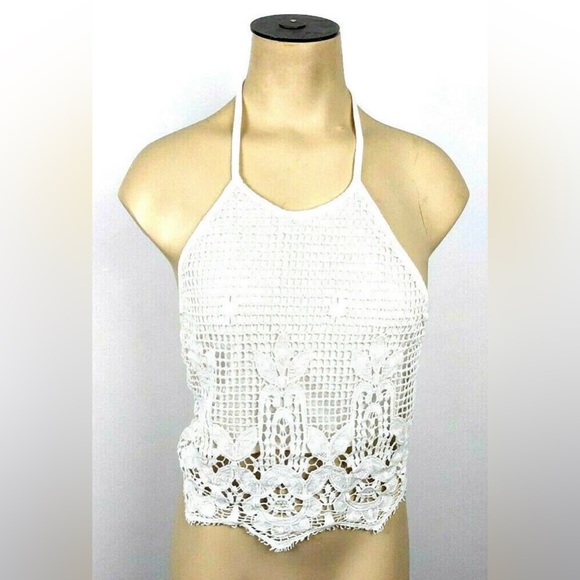 Express Tops - Express White Halter Open Back Crochet Crop‎ Top Women's Size Small Tank Top